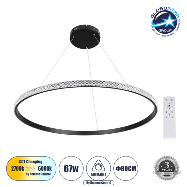 GloboStar® DIAMOND 61132 Κρεμαστό Φωτιστικό Δαχτυλίδι-Κύκλος LED CCT 67W 7689lm 360° AC 220-240V - Εναλλαγή Φωτισμού μέσω Τηλεχειριστηρίου All In One Ψυχρό 6000k+Φυσικό 4500k+Θερμό 2700k Dimmable Φ80cm - Μαύρο - 3 Years Warranty