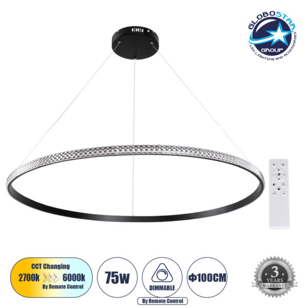 GloboStar® DIAMOND 61134 Κρεμαστό Φωτιστικό Δαχτυλίδι-Κύκλος LED CCT 75W 8743lm 360° AC 220-240V - Εναλλαγή Φωτισμού μέσω Τηλεχειριστηρίου All In One Ψυχρό 6000k+Φυσικό 4500k+Θερμό 2700k Dimmable Φ100cm - Μαύρο - 3 Years Warranty