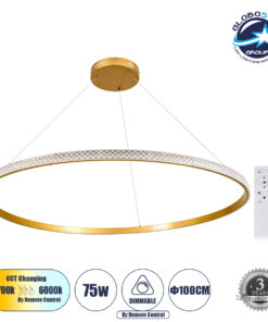 GloboStar® DIAMOND 61135 Κρεμαστό Φωτιστικό Δαχτυλίδι-Κύκλος LED CCT 75W 8743lm 360° AC 220-240V – Εναλλαγή Φωτισμού μέσω Τηλεχειριστηρίου All In One Ψυχρό 6000k+Φυσικό 4500k+Θερμό 2700k Dimmable Φ100cm – Χρυσό Βούρτσας – 3 Years Warranty