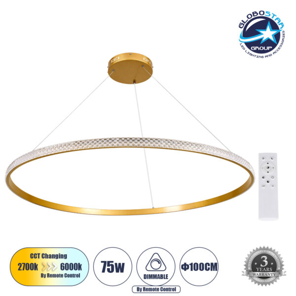 GloboStar® DIAMOND 61135 Κρεμαστό Φωτιστικό Δαχτυλίδι-Κύκλος LED CCT 75W 8743lm 360° AC 220-240V - Εναλλαγή Φωτισμού μέσω Τηλεχειριστηρίου All In One Ψυχρό 6000k+Φυσικό 4500k+Θερμό 2700k Dimmable Φ100cm - Χρυσό Βούρτσας - 3 Years Warranty