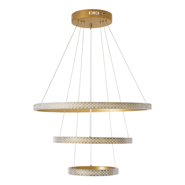 GloboStar® DIAMOND TRIO 61137 Κρεμαστό Φωτιστικό Δαχτυλίδι-Κύκλος LED CCT 100W 12123lm 360° AC 220-240V – Εναλλαγή Φωτισμού μέσω Τηλεχειριστηρίου All In One Ψυχρό 6000k+Φυσικό 4500k+Θερμό 2700k Dimmable Φ25+40+60cm – Χρυσό Βούρτσας – 3 Years Warranty