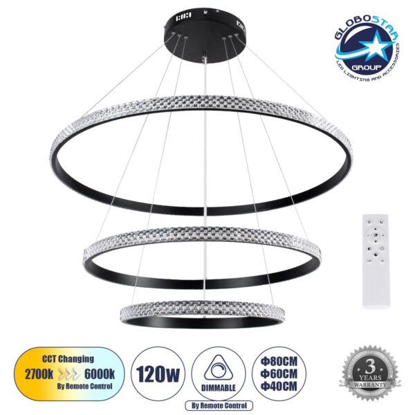 GloboStar® DIAMOND TRIO 61138 Κρεμαστό Φωτιστικό Δαχτυλίδι-Κύκλος LED CCT 120W 14723lm 360° AC 220-240V - Εναλλαγή Φωτισμού μέσω Τηλεχειριστηρίου All In One Ψυχρό 6000k+Φυσικό 4500k+Θερμό 2700k Dimmable Φ40+60+80cm - Μαύρο - 3 Years Warranty