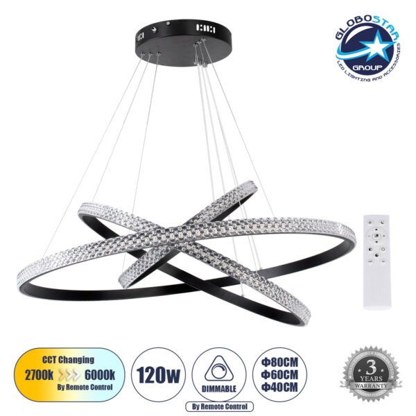 GloboStar® DIAMOND TRIO 61138-DECO Κρεμαστό Φωτιστικό Δαχτυλίδι-Κύκλος LED CCT 120W 14723lm 360° AC 220-240V - Εναλλαγή Φωτισμού μέσω Τηλεχειριστηρίου All In One Ψυχρό 6000k+Φυσικό 4500k+Θερμό 2700k Dimmable Φ40+60+80cm - Μαύρο - 3 Years Warranty