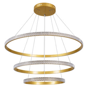 GloboStar® DIAMOND TRIO 61139 Κρεμαστό Φωτιστικό Δαχτυλίδι-Κύκλος LED CCT 120W 14723lm 360° AC 220-240V – Εναλλαγή Φωτισμού μέσω Τηλεχειριστηρίου All In One Ψυχρό 6000k+Φυσικό 4500k+Θερμό 2700k Dimmable Φ40+60+80cm – Χρυσό Βούρτσας – 3 Years Warranty