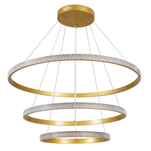 GloboStar® DIAMOND TRIO 61139 Κρεμαστό Φωτιστικό Δαχτυλίδι-Κύκλος LED CCT 120W 14723lm 360° AC 220-240V – Εναλλαγή Φωτισμού μέσω Τηλεχειριστηρίου All In One Ψυχρό 6000k+Φυσικό 4500k+Θερμό 2700k Dimmable Φ40+60+80cm – Χρυσό Βούρτσας – 3 Years Warranty