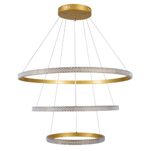 GloboStar® DIAMOND TRIO 61139 Κρεμαστό Φωτιστικό Δαχτυλίδι-Κύκλος LED CCT 120W 14723lm 360° AC 220-240V – Εναλλαγή Φωτισμού μέσω Τηλεχειριστηρίου All In One Ψυχρό 6000k+Φυσικό 4500k+Θερμό 2700k Dimmable Φ40+60+80cm – Χρυσό Βούρτσας – 3 Years Warranty