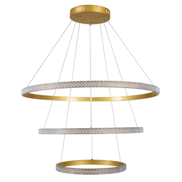 GloboStar® DIAMOND TRIO 61139 Κρεμαστό Φωτιστικό Δαχτυλίδι-Κύκλος LED CCT 120W 14723lm 360° AC 220-240V – Εναλλαγή Φωτισμού μέσω Τηλεχειριστηρίου All In One Ψυχρό 6000k+Φυσικό 4500k+Θερμό 2700k Dimmable Φ40+60+80cm – Χρυσό Βούρτσας – 3 Years Warranty