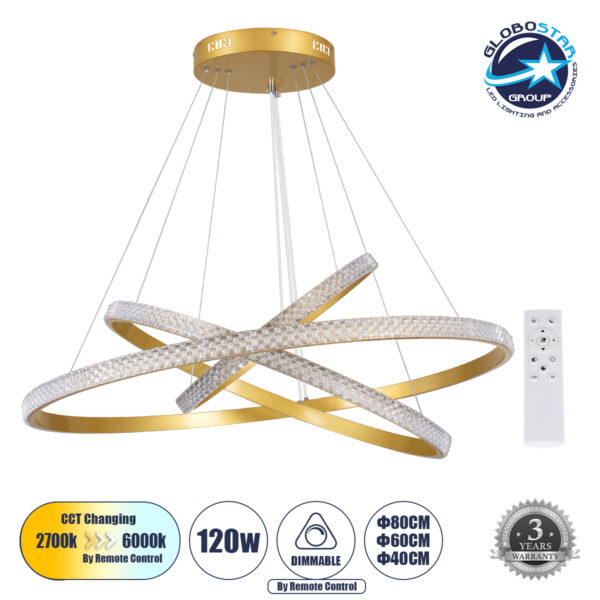 GloboStar® DIAMOND TRIO 61139-DECO Κρεμαστό Φωτιστικό Δαχτυλίδι-Κύκλος LED CCT 120W 14723lm 360° AC 220-240V - Εναλλαγή Φωτισμού μέσω Τηλεχειριστηρίου All In One Ψυχρό 6000k+Φυσικό 4500k+Θερμό 2700k Dimmable Φ40+60+80cm - Χρυσό Βούρτσας - 3 Years Warranty