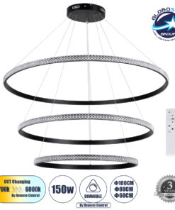 GloboStar® DIAMOND TRIO 61140 Κρεμαστό Φωτιστικό Δαχτυλίδι-Κύκλος LED CCT 150W 18379lm 360° AC 220-240V – Εναλλαγή Φωτισμού μέσω Τηλεχειριστηρίου All In One Ψυχρό 6000k+Φυσικό 4500k+Θερμό 2700k Dimmable Φ60+80+100cm – Μαύρο – 3 Years Warranty