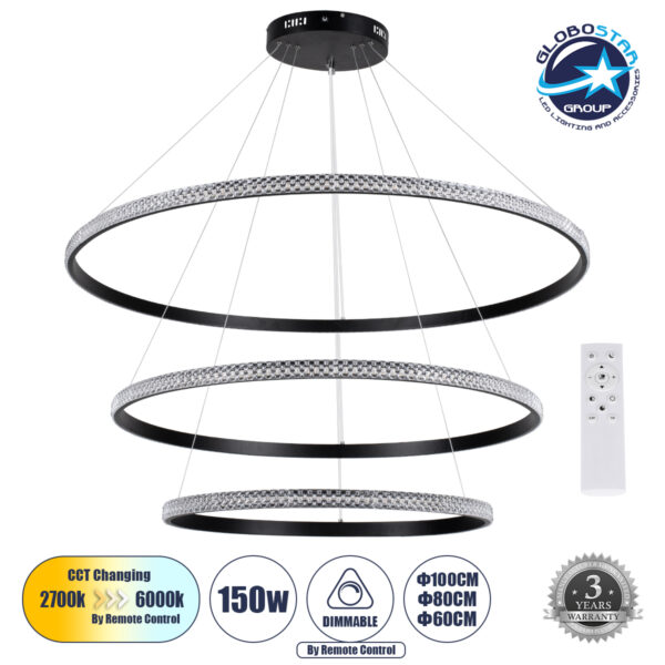 GloboStar® DIAMOND TRIO 61140 Κρεμαστό Φωτιστικό Δαχτυλίδι-Κύκλος LED CCT 150W 18379lm 360° AC 220-240V - Εναλλαγή Φωτισμού μέσω Τηλεχειριστηρίου All In One Ψυχρό 6000k+Φυσικό 4500k+Θερμό 2700k Dimmable Φ60+80+100cm - Μαύρο - 3 Years Warranty