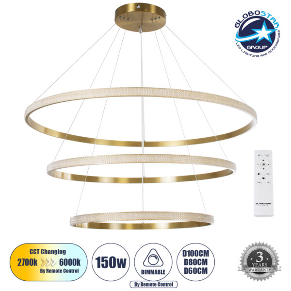 GloboStar® DIAMOND TRIO 61141 Κρεμαστό Φωτιστικό Δαχτυλίδι-Κύκλος LED CCT 150W 18379lm 360° AC 220-240V - Εναλλαγή Φωτισμού μέσω Τηλεχειριστηρίου All In One Ψυχρό 6000k+Φυσικό 4500k+Θερμό 2700k Dimmable Φ60+80+100cm - Χρυσό Βούρτσας - 3 Years Warranty