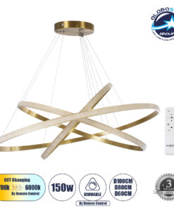 GloboStar® DIAMOND TRIO 61141-DECO Κρεμαστό Φωτιστικό Δαχτυλίδι-Κύκλος LED CCT 150W 18379lm 360° AC 220-240V – Εναλλαγή Φωτισμού μέσω Τηλεχειριστηρίου All In One Ψυχρό 6000k+Φυσικό 4500k+Θερμό 2700k Dimmable Φ60+80+100cm – Χρυσό Βούρτσας – 3 Years Warrant