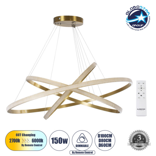 GloboStar® DIAMOND TRIO 61141-DECO Κρεμαστό Φωτιστικό Δαχτυλίδι-Κύκλος LED CCT 150W 18379lm 360° AC 220-240V - Εναλλαγή Φωτισμού μέσω Τηλεχειριστηρίου All In One Ψυχρό 6000k+Φυσικό 4500k+Θερμό 2700k Dimmable Φ60+80+100cm - Χρυσό Βούρτσας - 3 Years Warrant