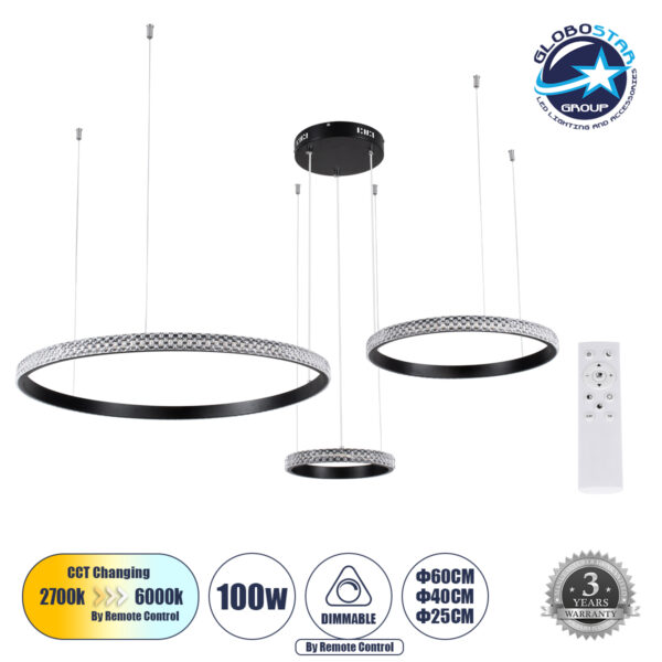 GloboStar® DIAMOND TRIO 61142 Κρεμαστό Φωτιστικό Δαχτυλίδι-Κύκλος LED CCT 100W 12123lm 360° AC 220-240V - Εναλλαγή Φωτισμού μέσω Τηλεχειριστηρίου All In One Ψυχρό 6000k+Φυσικό 4500k+Θερμό 2700k Dimmable Φ25+40+60cm - Μαύρο - 3 Years Warranty