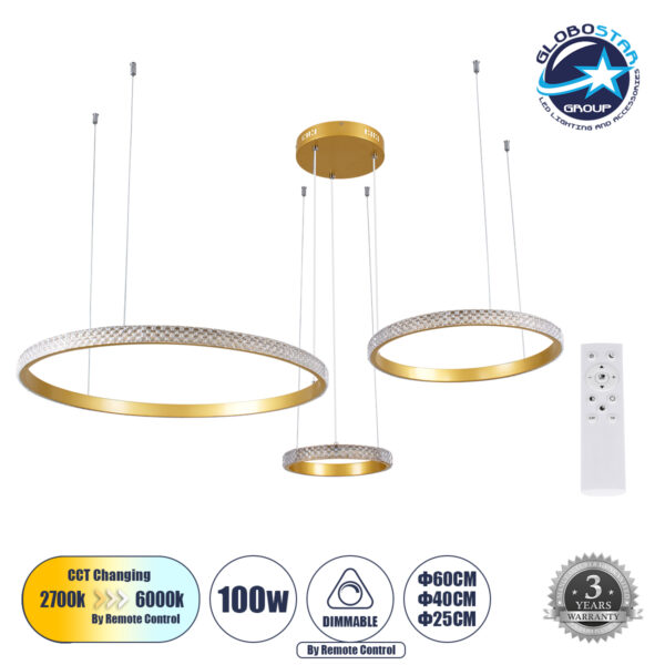 GloboStar® DIAMOND TRIO 61143 Κρεμαστό Φωτιστικό Δαχτυλίδι-Κύκλος LED CCT 100W 12123lm 360° AC 220-240V - Εναλλαγή Φωτισμού μέσω Τηλεχειριστηρίου All In One Ψυχρό 6000k+Φυσικό 4500k+Θερμό 2700k Dimmable Φ25+40+60cm - Χρυσό Βούρτσας - 3 Years Warranty