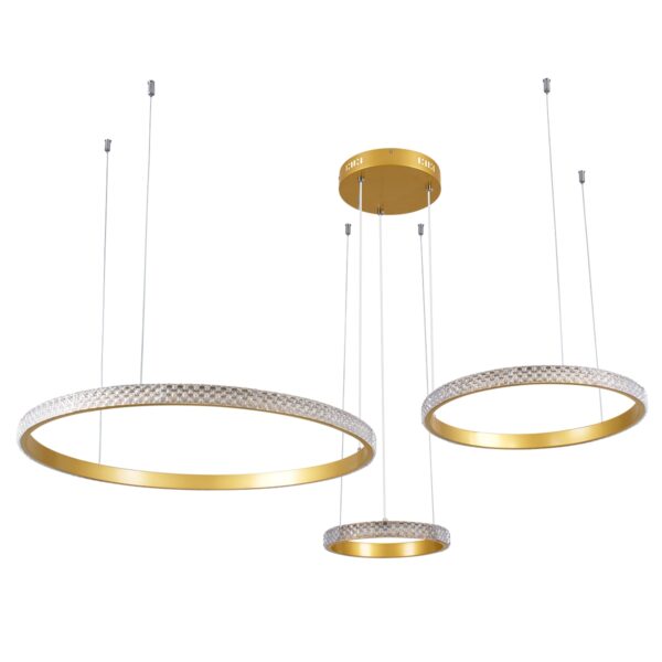 GloboStar® DIAMOND TRIO 61143 Κρεμαστό Φωτιστικό Δαχτυλίδι-Κύκλος LED CCT 100W 12123lm 360° AC 220-240V – Εναλλαγή Φωτισμού μέσω Τηλεχειριστηρίου All In One Ψυχρό 6000k+Φυσικό 4500k+Θερμό 2700k Dimmable Φ25+40+60cm – Χρυσό Βούρτσας – 3 Years Warranty
