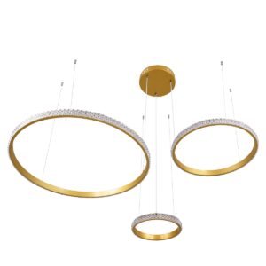 GloboStar® DIAMOND TRIO 61143 Κρεμαστό Φωτιστικό Δαχτυλίδι-Κύκλος LED CCT 100W 12123lm 360° AC 220-240V – Εναλλαγή Φωτισμού μέσω Τηλεχειριστηρίου All In One Ψυχρό 6000k+Φυσικό 4500k+Θερμό 2700k Dimmable Φ25+40+60cm – Χρυσό Βούρτσας – 3 Years Warranty