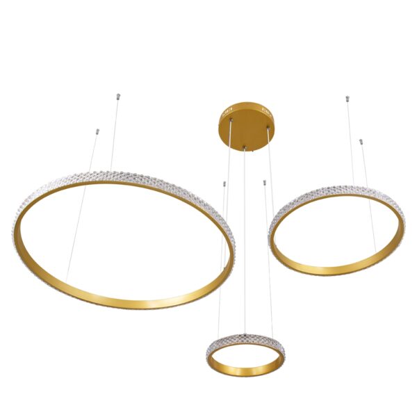 GloboStar® DIAMOND TRIO 61143 Κρεμαστό Φωτιστικό Δαχτυλίδι-Κύκλος LED CCT 100W 12123lm 360° AC 220-240V – Εναλλαγή Φωτισμού μέσω Τηλεχειριστηρίου All In One Ψυχρό 6000k+Φυσικό 4500k+Θερμό 2700k Dimmable Φ25+40+60cm – Χρυσό Βούρτσας – 3 Years Warranty