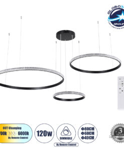 GloboStar® DIAMOND TRIO 61144 Κρεμαστό Φωτιστικό Δαχτυλίδι-Κύκλος LED CCT 120W 14723lm 360° AC 220-240V – Εναλλαγή Φωτισμού μέσω Τηλεχειριστηρίου All In One Ψυχρό 6000k+Φυσικό 4500k+Θερμό 2700k Dimmable Φ40+60+80cm – Μαύρο – 3 Years Warranty