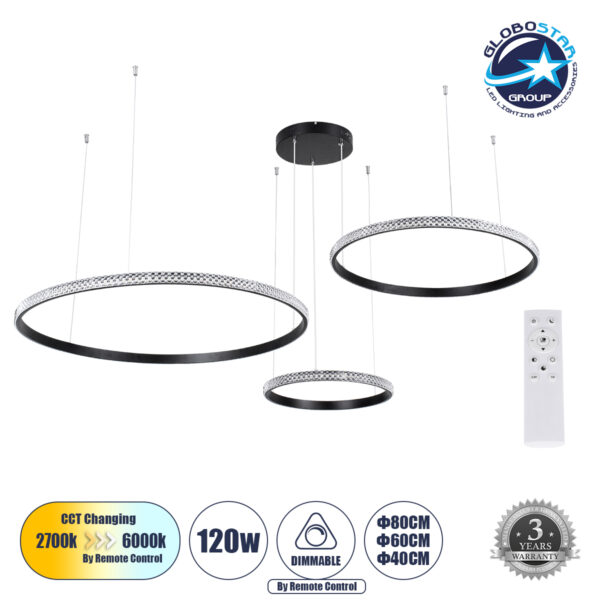 GloboStar® DIAMOND TRIO 61144 Κρεμαστό Φωτιστικό Δαχτυλίδι-Κύκλος LED CCT 120W 14723lm 360° AC 220-240V - Εναλλαγή Φωτισμού μέσω Τηλεχειριστηρίου All In One Ψυχρό 6000k+Φυσικό 4500k+Θερμό 2700k Dimmable Φ40+60+80cm - Μαύρο - 3 Years Warranty