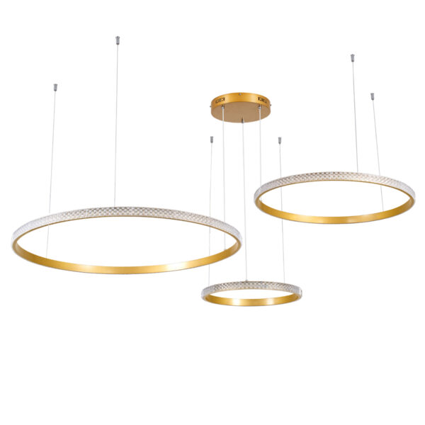GloboStar® DIAMOND TRIO 61145 Κρεμαστό Φωτιστικό Δαχτυλίδι-Κύκλος LED CCT 120W 14723lm 360° AC 220-240V – Εναλλαγή Φωτισμού μέσω Τηλεχειριστηρίου All In One Ψυχρό 6000k+Φυσικό 4500k+Θερμό 2700k Dimmable Φ40+60+80cm – Χρυσό Βούρτσας – 3 Years Warranty