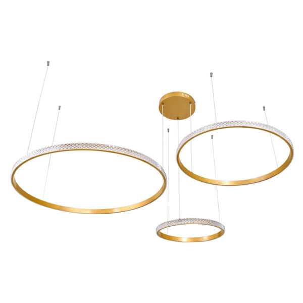 GloboStar® DIAMOND TRIO 61145 Κρεμαστό Φωτιστικό Δαχτυλίδι-Κύκλος LED CCT 120W 14723lm 360° AC 220-240V – Εναλλαγή Φωτισμού μέσω Τηλεχειριστηρίου All In One Ψυχρό 6000k+Φυσικό 4500k+Θερμό 2700k Dimmable Φ40+60+80cm – Χρυσό Βούρτσας – 3 Years Warranty
