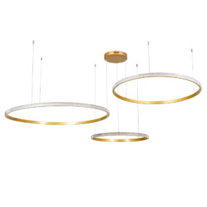 GloboStar® DIAMOND TRIO 61147 Κρεμαστό Φωτιστικό Δαχτυλίδι-Κύκλος LED CCT 150W 18379lm 360° AC 220-240V – Εναλλαγή Φωτισμού μέσω Τηλεχειριστηρίου All In One Ψυχρό 6000k+Φυσικό 4500k+Θερμό 2700k Dimmable Φ60+80+100cm – Χρυσό Βούρτσας – 3 Years Warranty