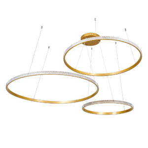 GloboStar® DIAMOND TRIO 61147 Κρεμαστό Φωτιστικό Δαχτυλίδι-Κύκλος LED CCT 150W 18379lm 360° AC 220-240V – Εναλλαγή Φωτισμού μέσω Τηλεχειριστηρίου All In One Ψυχρό 6000k+Φυσικό 4500k+Θερμό 2700k Dimmable Φ60+80+100cm – Χρυσό Βούρτσας – 3 Years Warranty