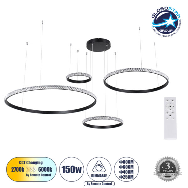 GloboStar® DIAMOND TETRA 61148 Κρεμαστό Φωτιστικό Δαχτυλίδι-Κύκλος LED CCT 150W 18379lm 360° AC 220-240V - Εναλλαγή Φωτισμού μέσω Τηλεχειριστηρίου All In One Ψυχρό 6000k+Φυσικό 4500k+Θερμό 2700k Dimmable Φ25+40+60+80cm - Μαύρο - 3 Years Warranty