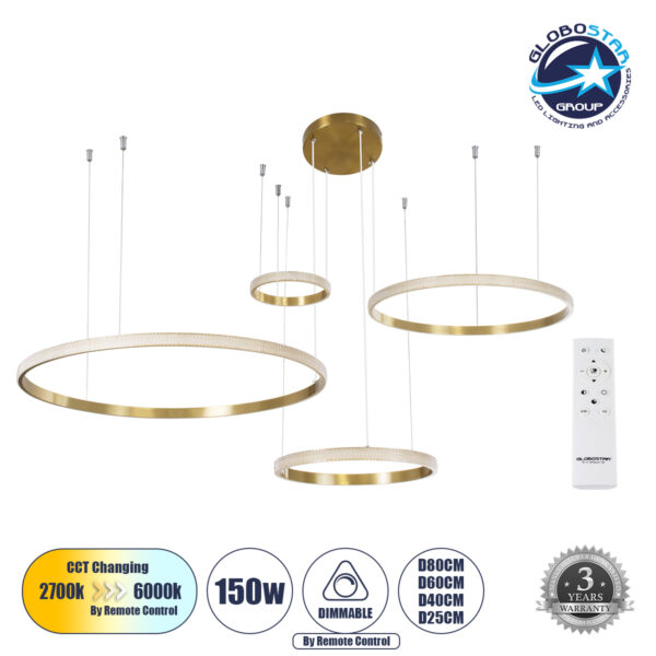 GloboStar® DIAMOND TETRA 61149 Κρεμαστό Φωτιστικό Δαχτυλίδι-Κύκλος LED CCT 150W 18379lm 360° AC 220-240V - Εναλλαγή Φωτισμού μέσω Τηλεχειριστηρίου All In One Ψυχρό 6000k+Φυσικό 4500k+Θερμό 2700k Dimmable Φ25+40+60+80cm - Χρυσό Βούρτσας - 3 Years Warranty