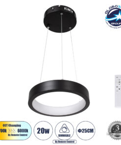 GloboStar® NEMESIS 61152 Κρεμαστό Φωτιστικό Δαχτυλίδι-Κύκλος LED CCT 20W 2356lm 360° AC 220-240V – Εναλλαγή Φωτισμού μέσω Τηλεχειριστηρίου All In One Ψυχρό 6000k+Φυσικό 4500k+Θερμό 2700k Dimmable Φ25cm – Μαύρο – 3 Years Warranty