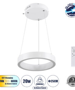 GloboStar® NEMESIS 61153 Κρεμαστό Φωτιστικό Δαχτυλίδι-Κύκλος LED CCT 20W 2356lm 360° AC 220-240V – Εναλλαγή Φωτισμού μέσω Τηλεχειριστηρίου All In One Ψυχρό 6000k+Φυσικό 4500k+Θερμό 2700k Dimmable Φ25cm – Λευκό – 3 Years Warranty