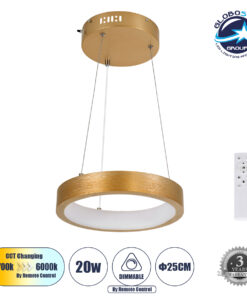 GloboStar® NEMESIS 61154 Κρεμαστό Φωτιστικό Δαχτυλίδι-Κύκλος LED CCT 20W 2356lm 360° AC 220-240V – Εναλλαγή Φωτισμού μέσω Τηλεχειριστηρίου All In One Ψυχρό 6000k+Φυσικό 4500k+Θερμό 2700k Dimmable Φ25cm – Χρυσό Βούρτσας – 3 Years Warranty