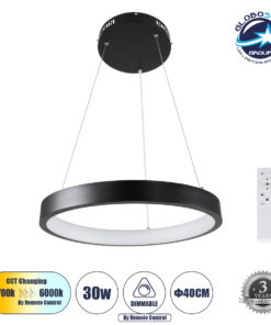 GloboStar® NEMESIS 61155 Κρεμαστό Φωτιστικό Δαχτυλίδι-Κύκλος LED CCT 30W 3513lm 360° AC 220-240V – Εναλλαγή Φωτισμού μέσω Τηλεχειριστηρίου All In One Ψυχρό 6000k+Φυσικό 4500k+Θερμό 2700k Dimmable Φ40cm – Μαύρο – 3 Years Warranty
