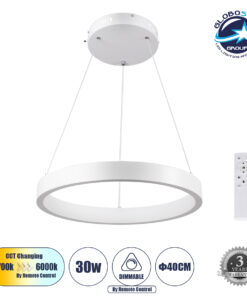GloboStar® NEMESIS 61156 Κρεμαστό Φωτιστικό Δαχτυλίδι-Κύκλος LED CCT 30W 3513lm 360° AC 220-240V – Εναλλαγή Φωτισμού μέσω Τηλεχειριστηρίου All In One Ψυχρό 6000k+Φυσικό 4500k+Θερμό 2700k Dimmable Φ40cm – Λευκό – 3 Years Warranty