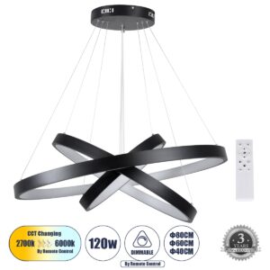 GloboStar® NEMESIS TRIO 61170-DECO Κρεμαστό Φωτιστικό Δαχτυλίδι-Κύκλος LED CCT 120W 14723lm 360° AC 220-240V – Εναλλαγή Φωτισμού μέσω Τηλεχειριστηρίου All In One Ψυχρό 6000k+Φυσικό 4500k+Θερμό 2700k Dimmable Φ40+60+80cm – Μαύρο – 3 Years Warranty