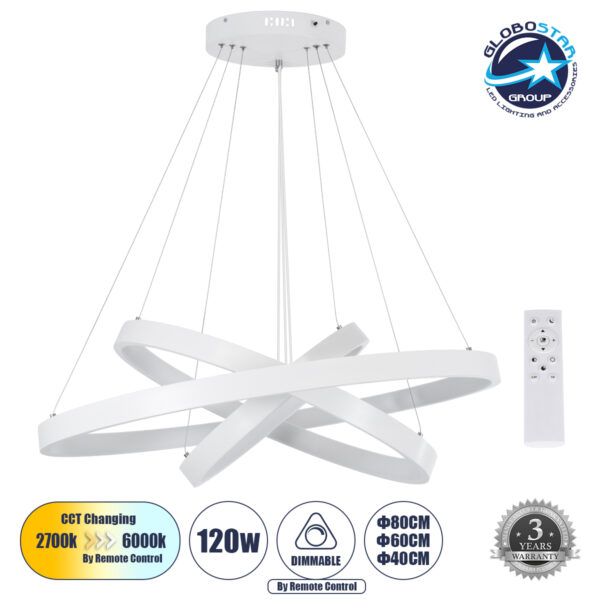 GloboStar® NEMESIS TRIO 61171-DECO Κρεμαστό Φωτιστικό Δαχτυλίδι-Κύκλος LED CCT 120W 14723lm 360° AC 220-240V - Εναλλαγή Φωτισμού μέσω Τηλεχειριστηρίου All In One Ψυχρό 6000k+Φυσικό 4500k+Θερμό 2700k Dimmable Φ40+60+80cm - Λευκό - 3 Years Warranty