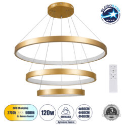 GloboStar® NEMESIS TRIO 61172 Κρεμαστό Φωτιστικό Δαχτυλίδι-Κύκλος LED CCT 120W 14723lm 360° AC 220-240V – Εναλλαγή Φωτισμού μέσω Τηλεχειριστηρίου All In One Ψυχρό 6000k+Φυσικό 4500k+Θερμό 2700k Dimmable Φ40+60+80cm – Χρυσό Βούρτσας – 3 Years Warranty