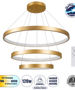 GloboStar® NEMESIS TRIO 61172 Κρεμαστό Φωτιστικό Δαχτυλίδι-Κύκλος LED CCT 120W 14723lm 360° AC 220-240V – Εναλλαγή Φωτισμού μέσω Τηλεχειριστηρίου All In One Ψυχρό 6000k+Φυσικό 4500k+Θερμό 2700k Dimmable Φ40+60+80cm – Χρυσό Βούρτσας – 3 Years Warranty