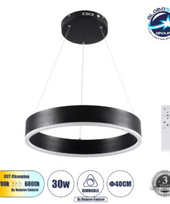 GloboStar® VENOM 61173 Κρεμαστό Φωτιστικό Δαχτυλίδι-Κύκλος LED CCT 30W 3513lm 120° AC 220-240V – Εναλλαγή Φωτισμού μέσω Τηλεχειριστηρίου All In One Ψυχρό 6000K+Φυσικό 4500K+Θερμό 2700K Dimmable Φ40cm – Μαύρο – 3 Years Warranty