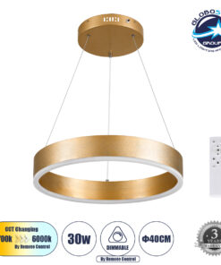 GloboStar® VENOM 61175 Κρεμαστό Φωτιστικό Δαχτυλίδι-Κύκλος LED CCT 30W 3513lm 120° AC 220-240V – Εναλλαγή Φωτισμού μέσω Τηλεχειριστηρίου All In One Ψυχρό 6000K+Φυσικό 4500K+Θερμό 2700K Dimmable Φ40cm – Χρυσό Βούρτσας – 3 Years Warranty