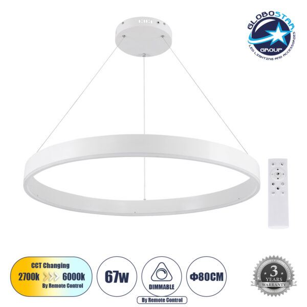 GloboStar® VENOM 61180 Κρεμαστό Φωτιστικό Δαχτυλίδι-Κύκλος LED CCT 67W 7863lm 120° AC 220-240V - Εναλλαγή Φωτισμού μέσω Τηλεχειριστηρίου All In One Ψυχρό 6000K+Φυσικό 4500K+Θερμό 2700K Dimmable Φ80cm - Λευκό - 3 Years Warranty