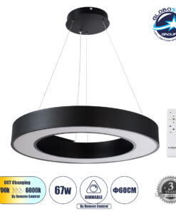 GloboStar® RA 61194 Κρεμαστό Φωτιστικό Δαχτυλίδι-Κύκλος LED CCT 67W 7370lm 120° AC 220-240V – Εναλλαγή Φωτισμού μέσω Τηλεχειριστηρίου All In One Ψυχρό 6000k+Φυσικό 4500k+Θερμό 2700k Dimmable Φ60cm – Μαύρο – 3 Years Warranty