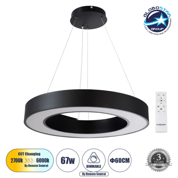 GloboStar® RA 61194 Κρεμαστό Φωτιστικό Δαχτυλίδι-Κύκλος LED CCT 67W 7370lm 120° AC 220-240V - Εναλλαγή Φωτισμού μέσω Τηλεχειριστηρίου All In One Ψυχρό 6000k+Φυσικό 4500k+Θερμό 2700k Dimmable Φ60cm - Μαύρο - 3 Years Warranty