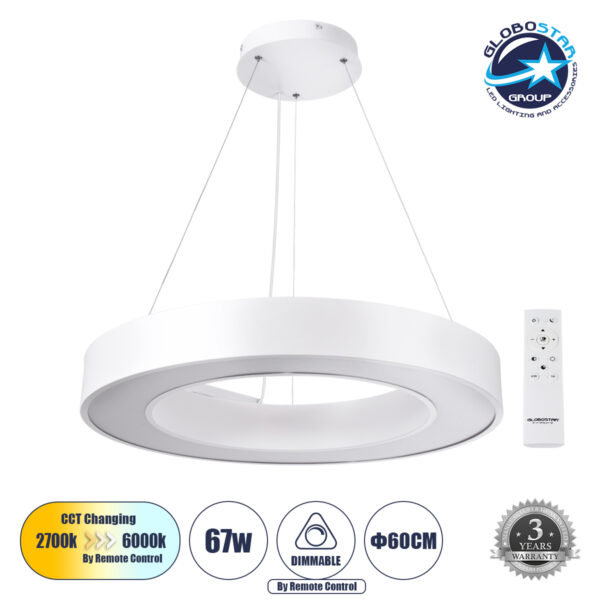 GloboStar® RA 61195 Κρεμαστό Φωτιστικό Δαχτυλίδι-Κύκλος LED CCT 67W 7370lm 120° AC 220-240V - Εναλλαγή Φωτισμού μέσω Τηλεχειριστηρίου All In One Ψυχρό 6000k+Φυσικό 4500k+Θερμό 2700k Dimmable Φ60cm - Λευκό - 3 Years Warranty