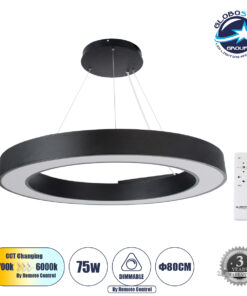 GloboStar® RA 61196 Κρεμαστό Φωτιστικό Δαχτυλίδι-Κύκλος LED CCT 75W 8250lm 120° AC 220-240V – Εναλλαγή Φωτισμού μέσω Τηλεχειριστηρίου All In One Ψυχρό 6000k+Φυσικό 4500k+Θερμό 2700k Dimmable Φ80cm – Μαύρο – 3 Years Warranty