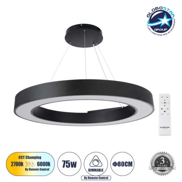 GloboStar® RA 61196 Κρεμαστό Φωτιστικό Δαχτυλίδι-Κύκλος LED CCT 75W 8250lm 120° AC 220-240V - Εναλλαγή Φωτισμού μέσω Τηλεχειριστηρίου All In One Ψυχρό 6000k+Φυσικό 4500k+Θερμό 2700k Dimmable Φ80cm - Μαύρο - 3 Years Warranty