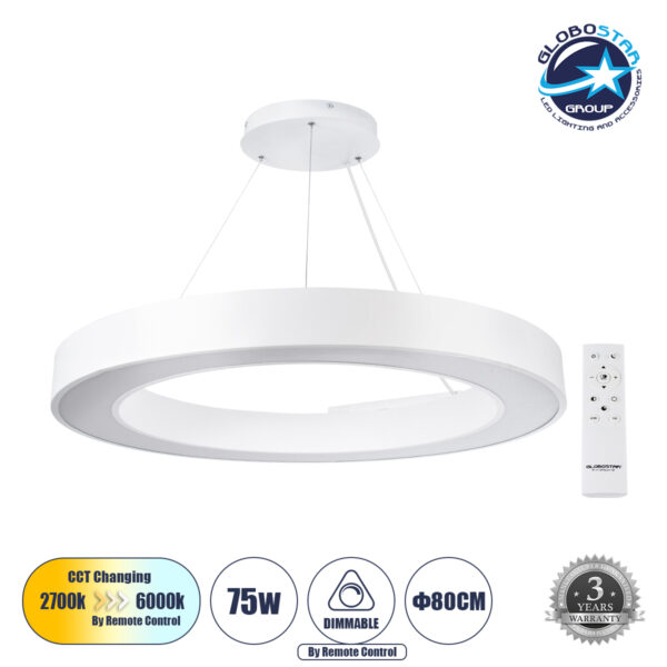 GloboStar® RA 61197 Κρεμαστό Φωτιστικό Δαχτυλίδι-Κύκλος LED CCT 75W 8250lm 120° AC 220-240V - Εναλλαγή Φωτισμού μέσω Τηλεχειριστηρίου All In One Ψυχρό 6000k+Φυσικό 4500k+Θερμό 2700k Dimmable Φ80cm - Λευκό - 3 Years Warranty