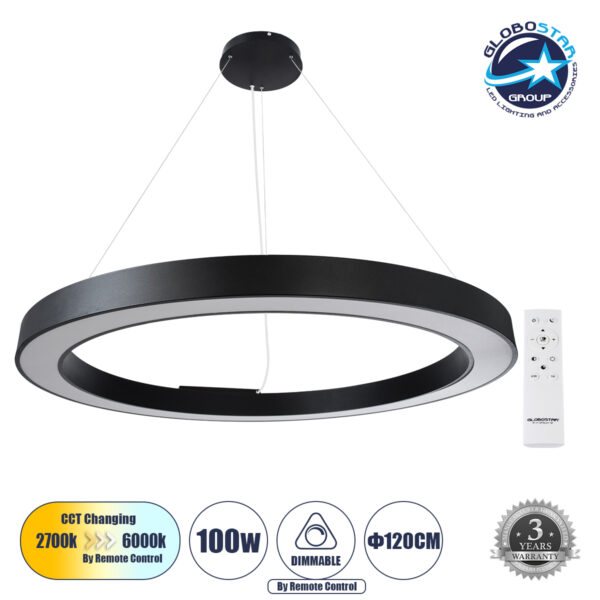 GloboStar® RA 61198 Κρεμαστό Φωτιστικό Δαχτυλίδι-Κύκλος LED CCT 100W 11020lm 120° AC 220-240V - Εναλλαγή Φωτισμού μέσω Τηλεχειριστηρίου All In One Ψυχρό 6000k+Φυσικό 4500k+Θερμό 2700k Dimmable Φ120cm - Μαύρο - 3 Years Warranty