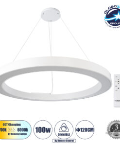 GloboStar® RA 61199 Κρεμαστό Φωτιστικό Δαχτυλίδι-Κύκλος LED CCT 100W 11020lm 120° AC 220-240V – Εναλλαγή Φωτισμού μέσω Τηλεχειριστηρίου All In One Ψυχρό 6000k+Φυσικό 4500k+Θερμό 2700k Dimmable Φ120cm – Λευκό – 3 Years Warranty